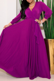Casual Solid Color Belted V Neck Long Dresses