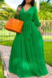 Casual Solid Color Belted V Neck Long Dresses