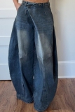 Blue High Waist Distressed Reverse Waistband Casual Wide Leg Denim Jeans