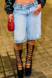 Light Blue Mid Waist Casual Distressed Denim Shorts