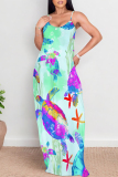 Light Green Cartoon Graffiti Print V Neck Backless Pocket Floor Length Vacation Baggy Sundress Slip Maxi Dress