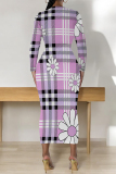 Camel Flowers Plaid Cartoon Print O Neck Long Sleeve Long Casual Outing Bodycon Maxi Dress