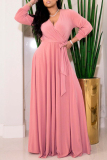 Casual Solid Color Belted V Neck Long Dresses