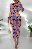 Orange Black Geometric Print O Neck Long Sleeve Long Casual Outing Bodycon Maxi Dress