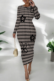 Camel Flowers Plaid Cartoon Print O Neck Long Sleeve Long Casual Outing Bodycon Maxi Dress