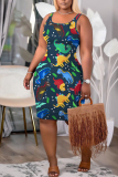 Blue Graphics Print Sleeveless U Neck Casual Outing Plus Size Bodycon Midi Vest Dresses