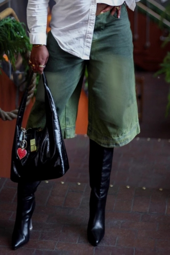 Green High Waist Casual Straight Distressed Wide Leg Denim Shorts