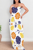 Light Yellow Floral Print V Neck Backless Pocket Floor Length Vacation Baggy Sundress Slip Maxi Dress