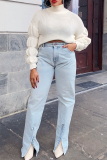 Light Blue Slit High Waist Casual Distressed Denim Jeans
