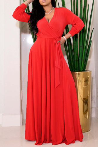 Casual Solid Color Belted V Neck Long Dresses