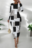 Camel Flowers Plaid Cartoon Print O Neck Long Sleeve Long Casual Outing Bodycon Maxi Dress