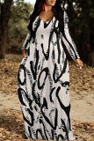Yellow Green Geometric Print V Neck Long Sleeve Loose Casual Outing Vacation Flowying Maxi Dress