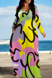 Yellow Green Geometric Print V Neck Long Sleeve Loose Casual Outing Vacation Flowying Maxi Dress