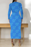 Orange Black Geometric Print O Neck Long Sleeve Long Casual Outing Bodycon Maxi Dress