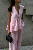 Pink V Neck Sleeveless Buttons Vest And Wide Leg Pants Vacation Casual Two Pieces Trouser Sets