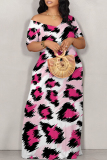 Grey Leopard Print Pocket V Neck Short Sleeve Plus Size Loose Straight Maxi Dresses