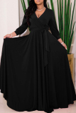 Casual Solid Color Belted V Neck Long Dresses