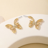 Glod Casual Metal Butterfly Row Dazzling Diamond Rhinestone Decor Earrings