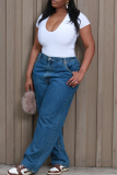 Dark Blue Casual High Waist Straight Leg Denim Jeans