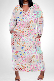 Light Yellow Colorblock Floral Print V Neck Long Sleeve Pocket Casual Outing Straight Loose Plus Size Maxi Dress