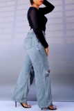 Blue High Waist Ripped Straight Casual Distressed Denim Jeans (Without  Waist Chain)