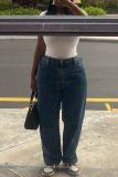 Dark Blue Casual High Waist Straight Leg Denim Jeans