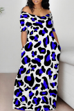 Grey Leopard Print Pocket V Neck Short Sleeve Plus Size Loose Straight Maxi Dresses