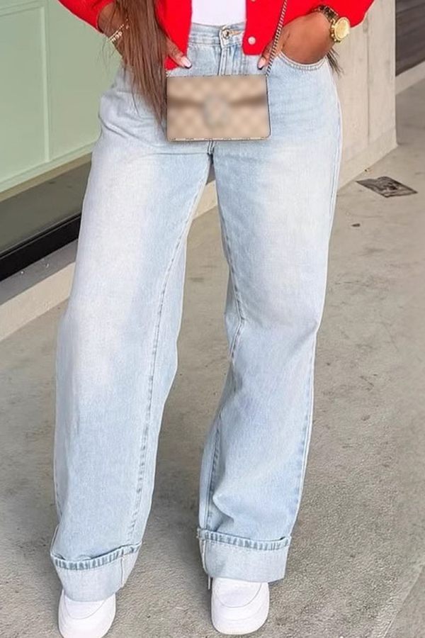 Light Blue High Waist Casual Distressed Denim Jeans