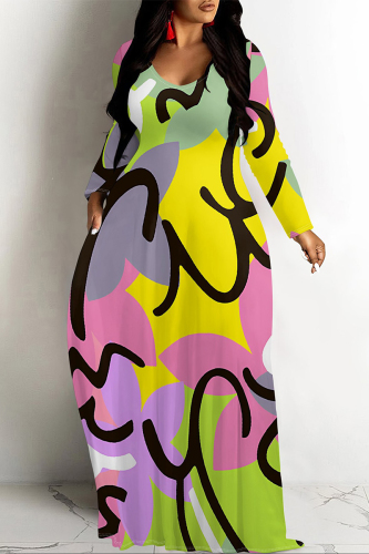 Yellow Green Geometric Print V Neck Long Sleeve Loose Casual Outing Vacation Flowying Maxi Dress