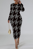 Orange Black Geometric Print O Neck Long Sleeve Long Casual Outing Bodycon Maxi Dress