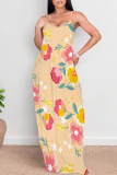 Light Yellow Floral Print V Neck Backless Pocket Floor Length Vacation Baggy Sundress Slip Maxi Dress