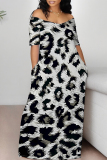 Grey Leopard Print Pocket V Neck Short Sleeve Plus Size Loose Straight Maxi Dresses