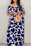 Grey Leopard Print Pocket V Neck Short Sleeve Plus Size Loose Straight Maxi Dresses