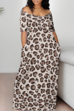 Grey Leopard Print Pocket V Neck Short Sleeve Plus Size Loose Straight Maxi Dresses