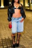 Light Blue Mid Waist Casual Distressed Denim Shorts