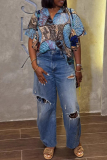 Blue Casual High Waist Distressed Ripped Wide Leg Denim Jeans
