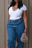 Dark Blue Casual High Waist Straight Leg Denim Jeans