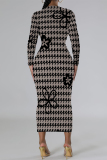 Camel Flowers Plaid Cartoon Print O Neck Long Sleeve Long Casual Outing Bodycon Maxi Dress