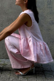 Pink V Neck Sleeveless Buttons Vest And Wide Leg Pants Vacation Casual Two Pieces Trouser Sets