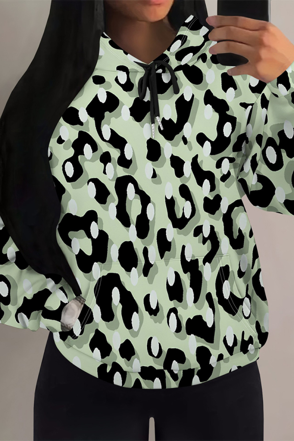 Light Green Colorblock Camouflage Print Draw String Pocket Loose Fall Winter Casual Hooded Sweatshirt