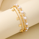 Gold Metal Heart Tassel Pearls Decor Heart-shaped Beaded Bracelet