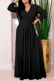 Casual Solid Color Belted V Neck Long Dresses