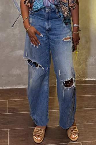 Blue Casual High Waist Distressed Ripped Wide Leg Denim Jeans