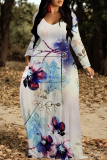 Green Floral Print V Neck Long Sleeve Loose Casual Outing Vacation Flowying Maxi Dress