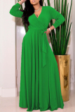 Casual Solid Color Belted V Neck Long Dresses