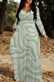 Yellow Green Geometric Print V Neck Long Sleeve Loose Casual Outing Vacation Flowying Maxi Dress