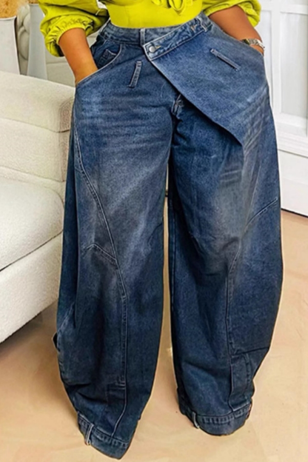 Blue High Waist Distressed Reverse Waistband Casual Wide Leg Denim Jeans