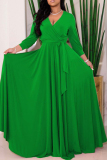 Casual Solid Color Belted V Neck Long Dresses