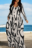 Yellow Green Geometric Print V Neck Long Sleeve Loose Casual Outing Vacation Flowying Maxi Dress