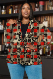 Rose Red Graphics Print Buttons Turn-back Collar Long Sleeve Formal Office Casual Blazer Jackets
